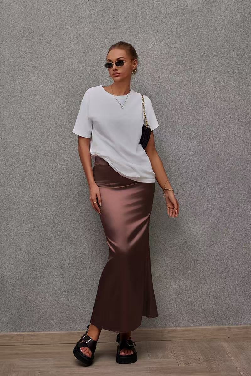 2025 Spring and Summer New Simulation Silk Skirt Fishtail Satin Hip Skirt - Negative Apparel