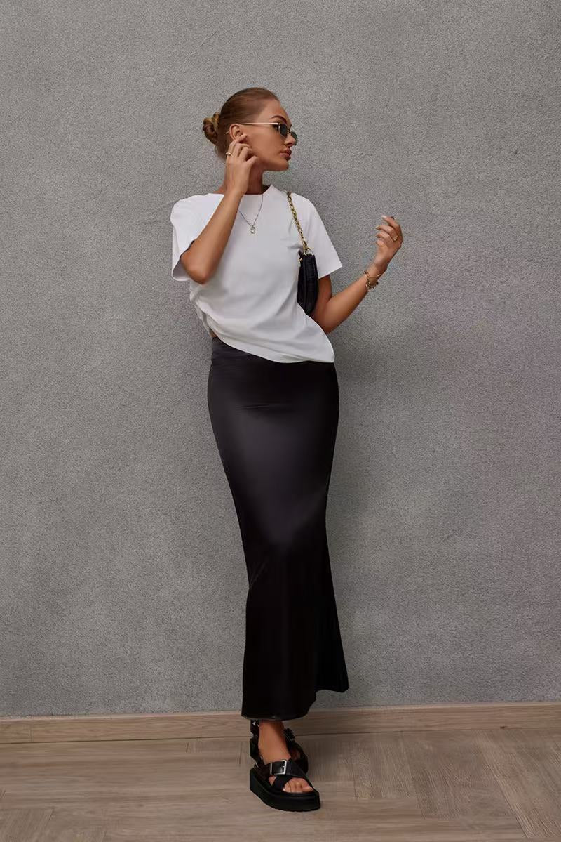2025 Spring and Summer New Simulation Silk Skirt Fishtail Satin Hip Skirt - Negative Apparel