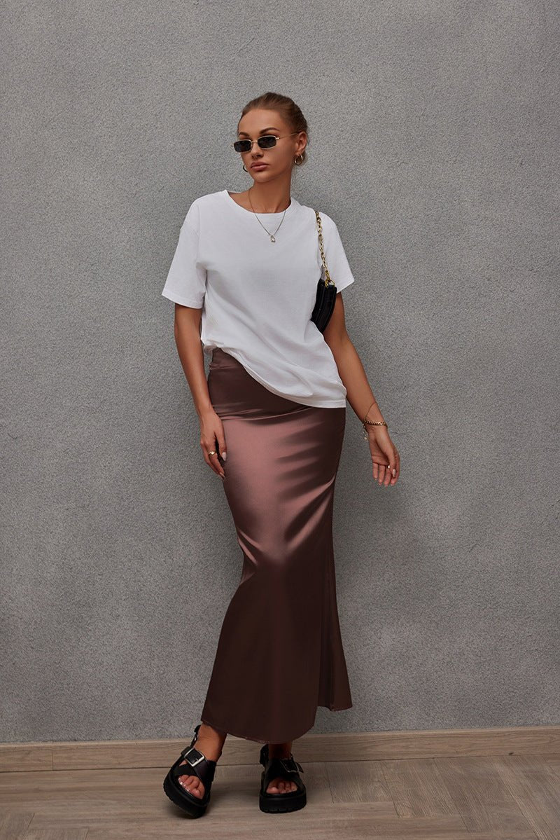 2025 Spring and Summer New Simulation Silk Skirt Fishtail Satin Hip Skirt - Negative Apparel