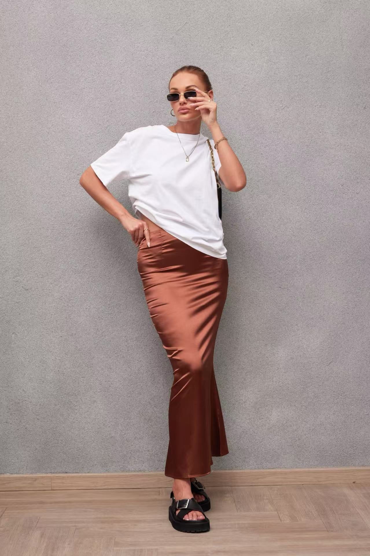 2025 Spring and Summer New Simulation Silk Skirt Fishtail Satin Hip Skirt - Negative Apparel