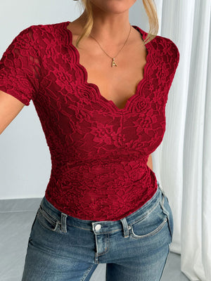 2025 spring and summer new women's solid color sexy lace V - neck short - sleeved lace bottoming shirt - Negative Apparel