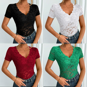 2025 spring and summer new women's solid color sexy lace V - neck short - sleeved lace bottoming shirt - Negative Apparel