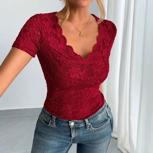 2025 spring and summer new women's solid color sexy lace V - neck short - sleeved lace bottoming shirt - Negative Apparel