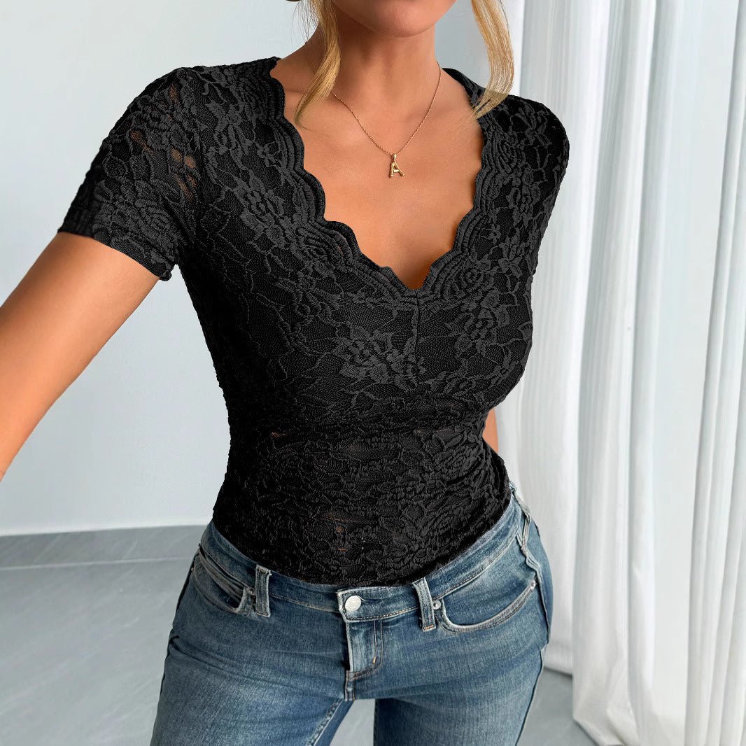 2025 spring and summer new women's solid color sexy lace V - neck short - sleeved lace bottoming shirt - Negative Apparel