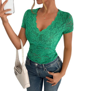 2025 spring and summer new women's solid color sexy lace V - neck short - sleeved lace bottoming shirt - Negative Apparel