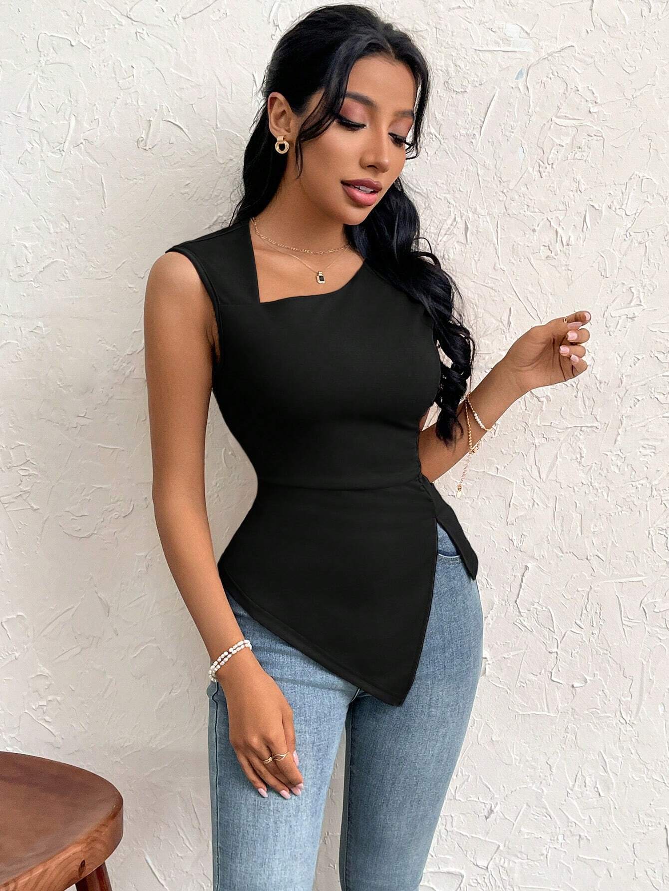 2025 spring and summer oblique collar slim short solid color top - Negative Apparel