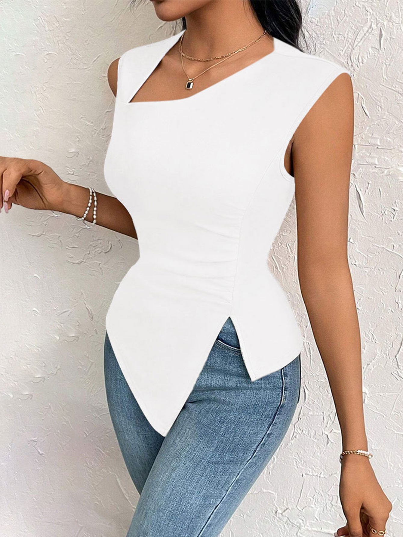 2025 spring and summer oblique collar slim short solid color top - Negative Apparel