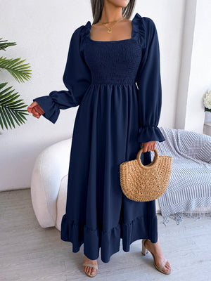 2025 spring and summer Square neck trumpet sleeves large swing ruffled long dress - Negative Apparel