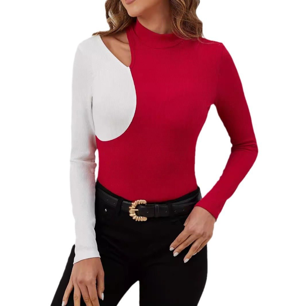 2025 spring elegant contrasting color splicing small stand - up collar new T-shirt slim and thin long - sleeved top women - Negative Apparel