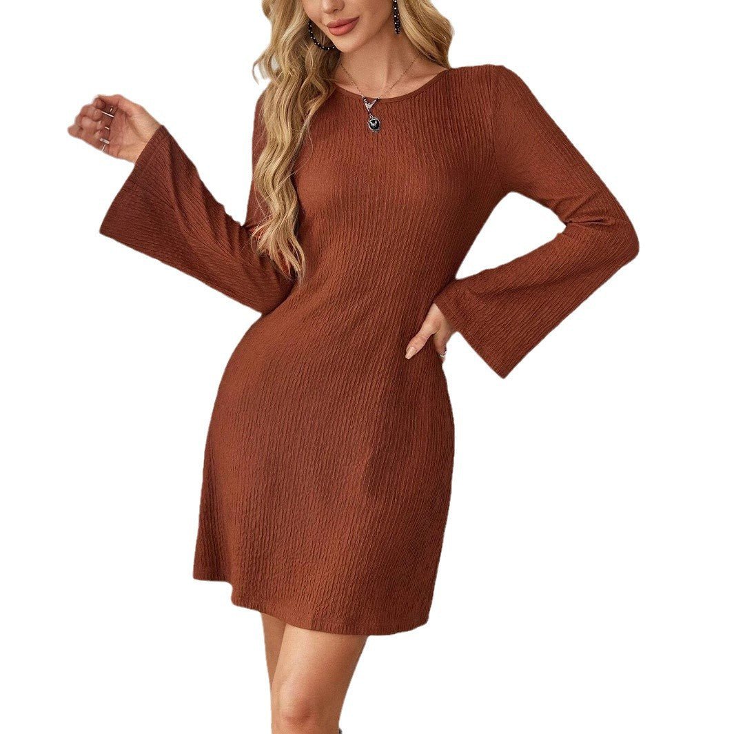 2025 spring elegant women's brown texture halter bow horn sleeve dress - Negative Apparel