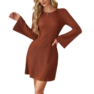 2025 spring elegant women's brown texture halter bow horn sleeve dress - Negative Apparel