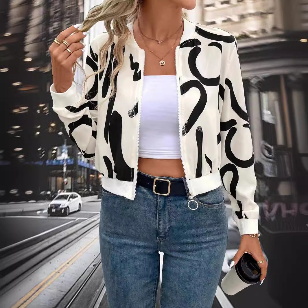 2025 spring elegant women's pattern print zipper baseball jacket casual top coat - Negative Apparel