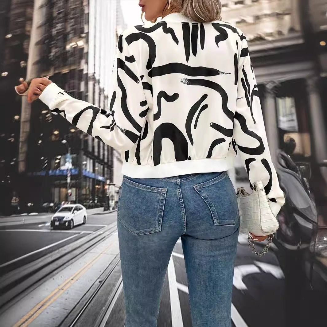 2025 spring elegant women's pattern print zipper baseball jacket casual top coat - Negative Apparel