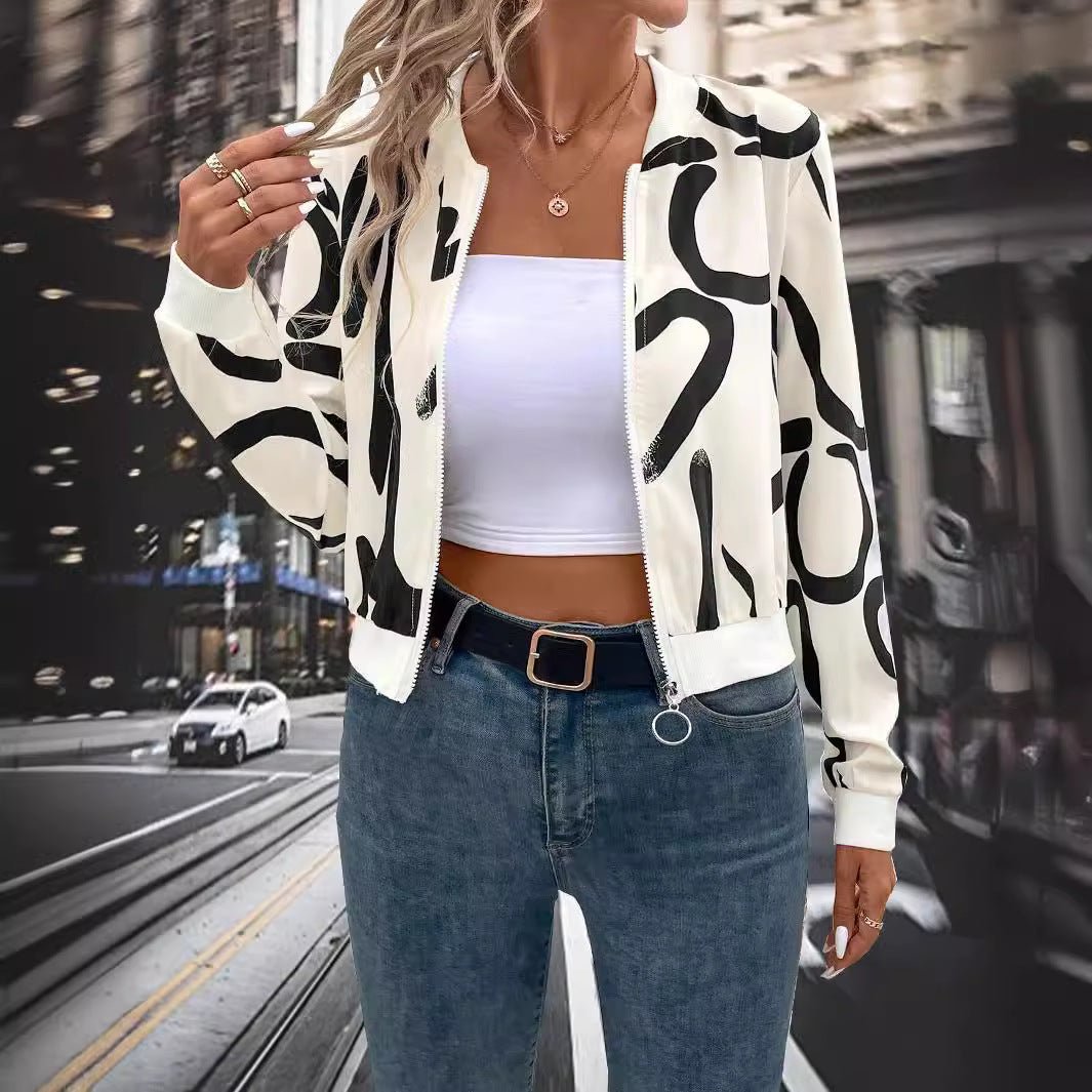 2025 spring elegant women's pattern print zipper baseball jacket casual top coat - Negative Apparel