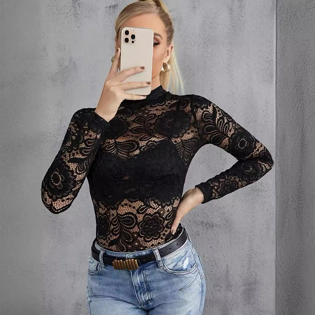 2025 spring fashion versatile fashion sexy lace thin outer wear T-shirt long sleeve bottoming shirt - Negative Apparel