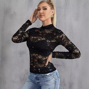 2025 spring fashion versatile fashion sexy lace thin outer wear T-shirt long sleeve bottoming shirt - Negative Apparel