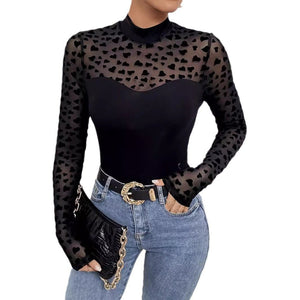 2025 Spring Mesh Splicing Long Sleeve Slim Bottom T-Shirt Top Women - Negative Apparel