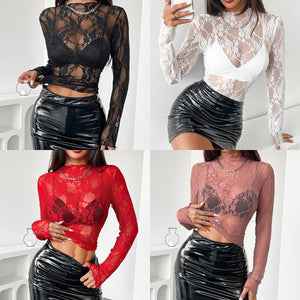 2025 spring new elegant fashion ladies lace wood ear edge slim fit long sleeve top - Negative Apparel