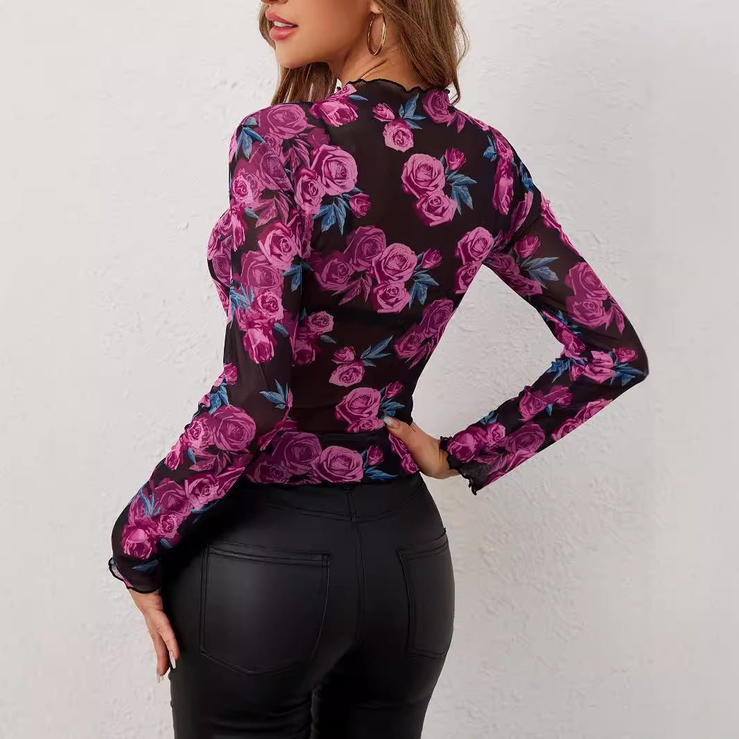 2025 spring new elegant flower fashion flower printing small stand - up collar mesh fungus edge women's top - Negative Apparel