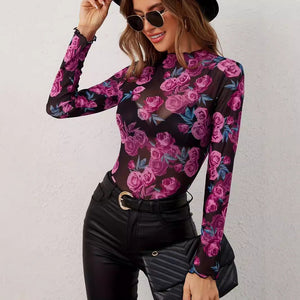 2025 spring new elegant flower fashion flower printing small stand - up collar mesh fungus edge women's top - Negative Apparel