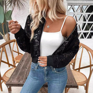 2025 spring new elegant ladies jacquard lace see - through zipper short jacket top coat - Negative Apparel
