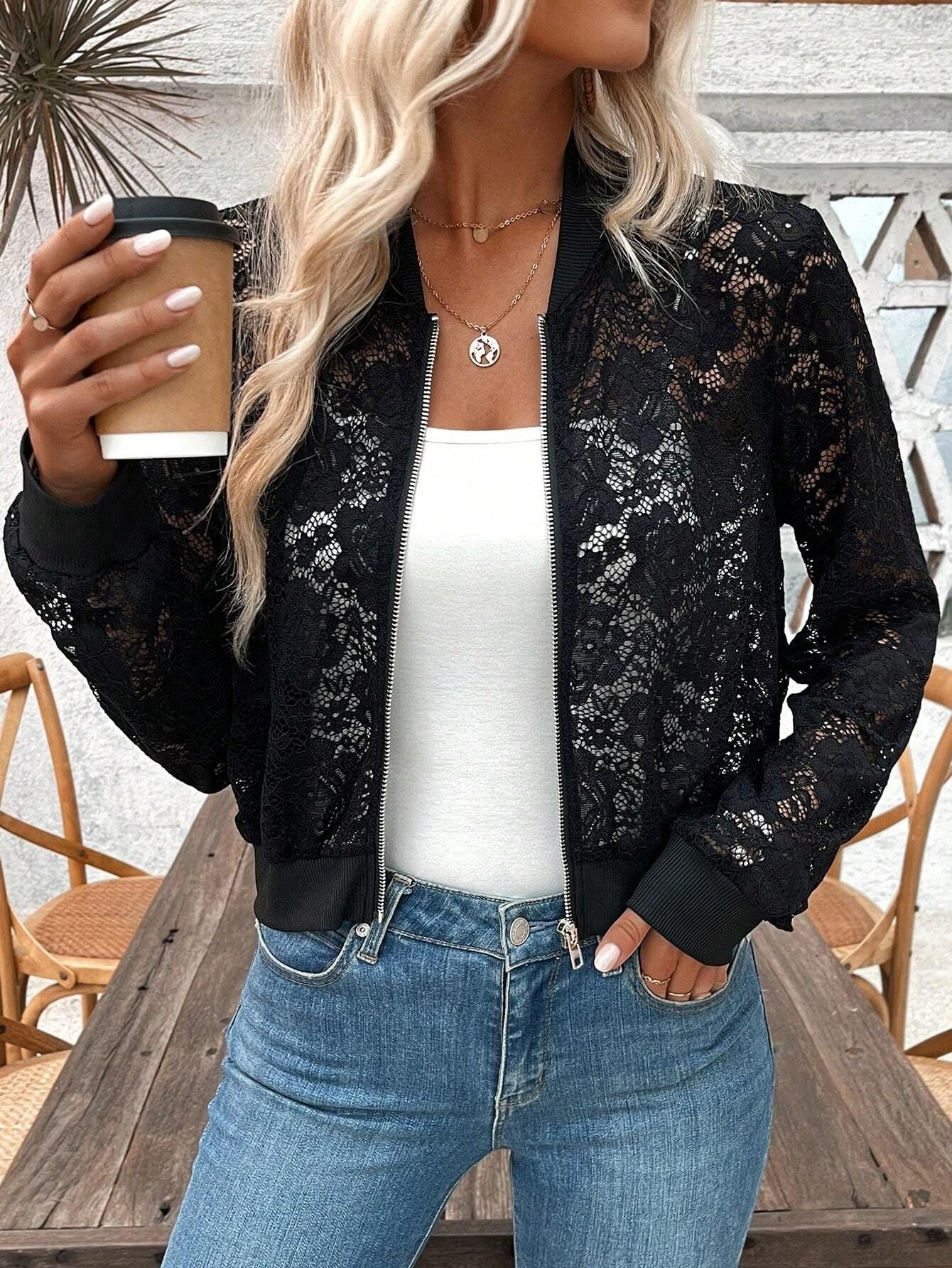 2025 spring new elegant ladies jacquard lace see - through zipper short jacket top coat - Negative Apparel