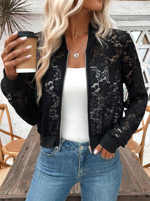 2025 spring new elegant ladies jacquard lace see - through zipper short jacket top coat - Negative Apparel