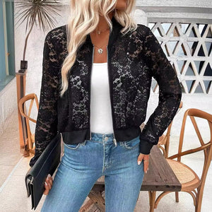 2025 spring new elegant ladies jacquard lace see - through zipper short jacket top coat - Negative Apparel