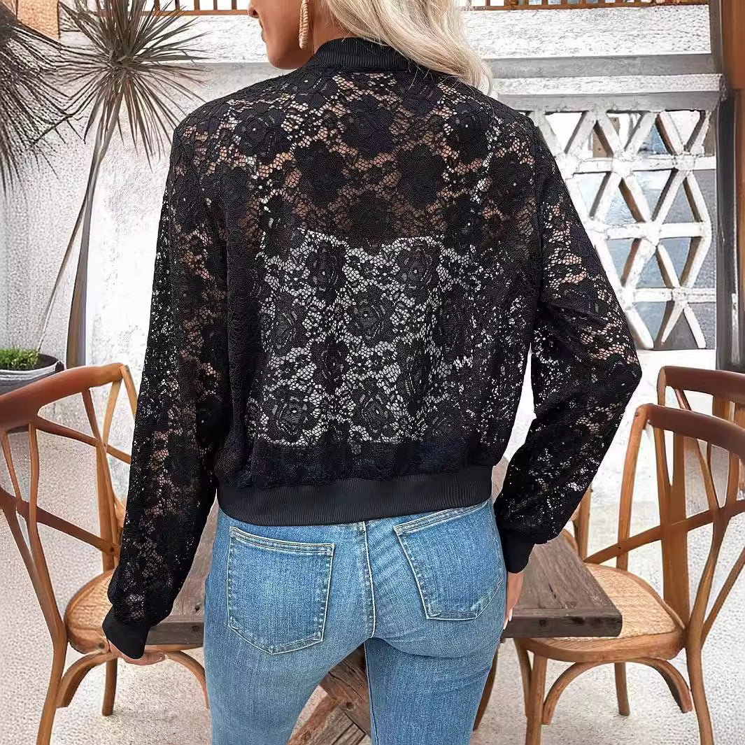 2025 spring new elegant ladies jacquard lace see - through zipper short jacket top coat - Negative Apparel