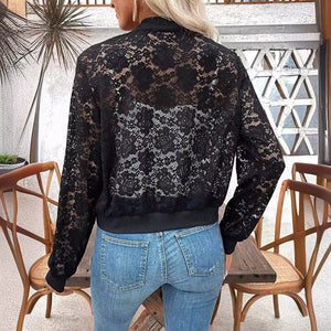 2025 spring new elegant ladies jacquard lace see - through zipper short jacket top coat - Negative Apparel