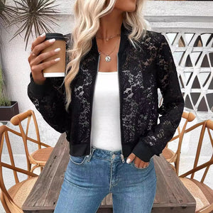 2025 spring new elegant ladies jacquard lace see - through zipper short jacket top coat - Negative Apparel