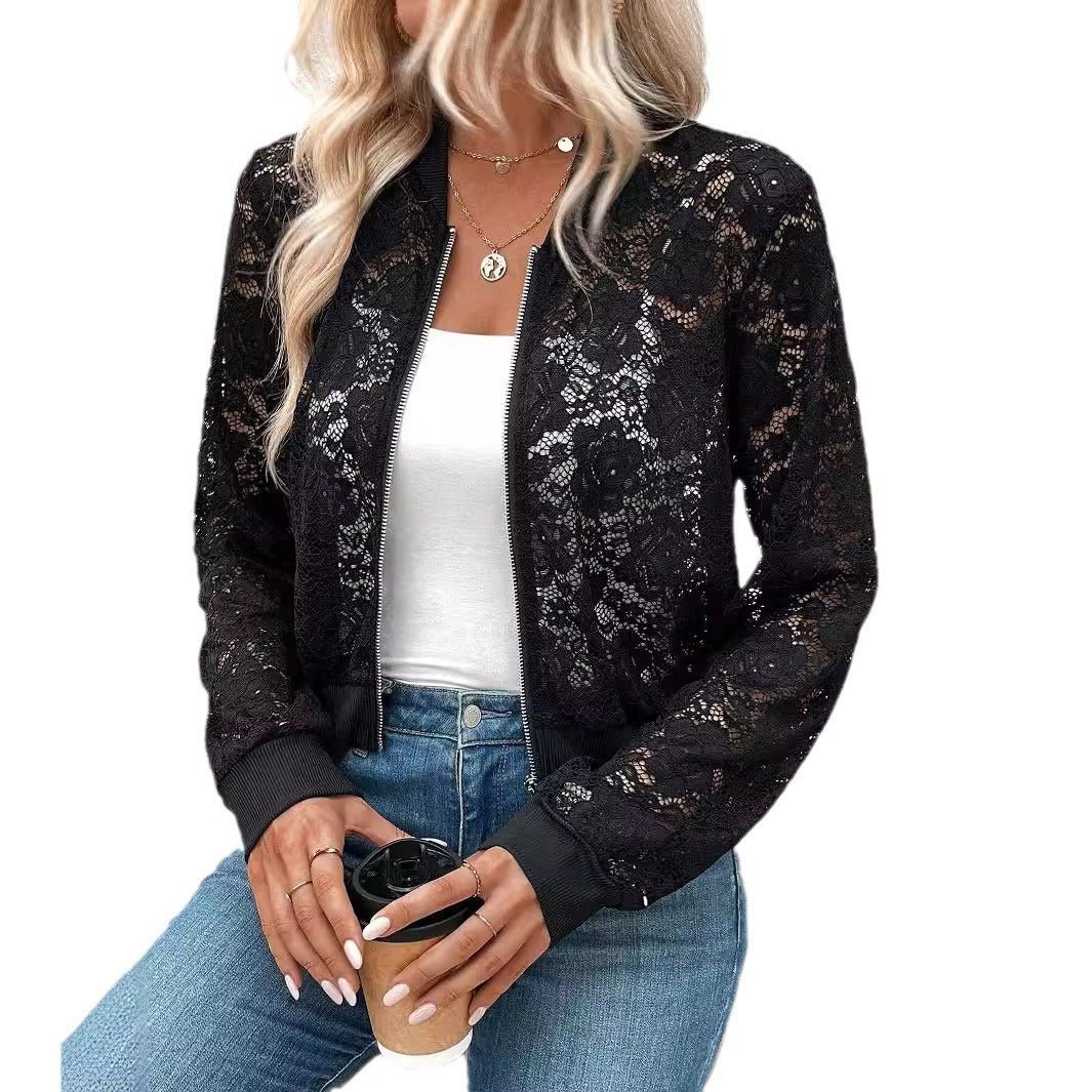 2025 spring new elegant ladies jacquard lace see - through zipper short jacket top coat - Negative Apparel