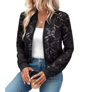 2025 spring new elegant ladies jacquard lace see - through zipper short jacket top coat - Negative Apparel