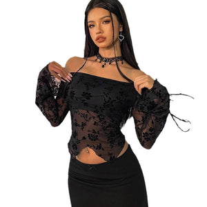 2025 spring new elegant women's black flower mesh off - the - shoulder horn sleeve T-shirt top women - Negative Apparel