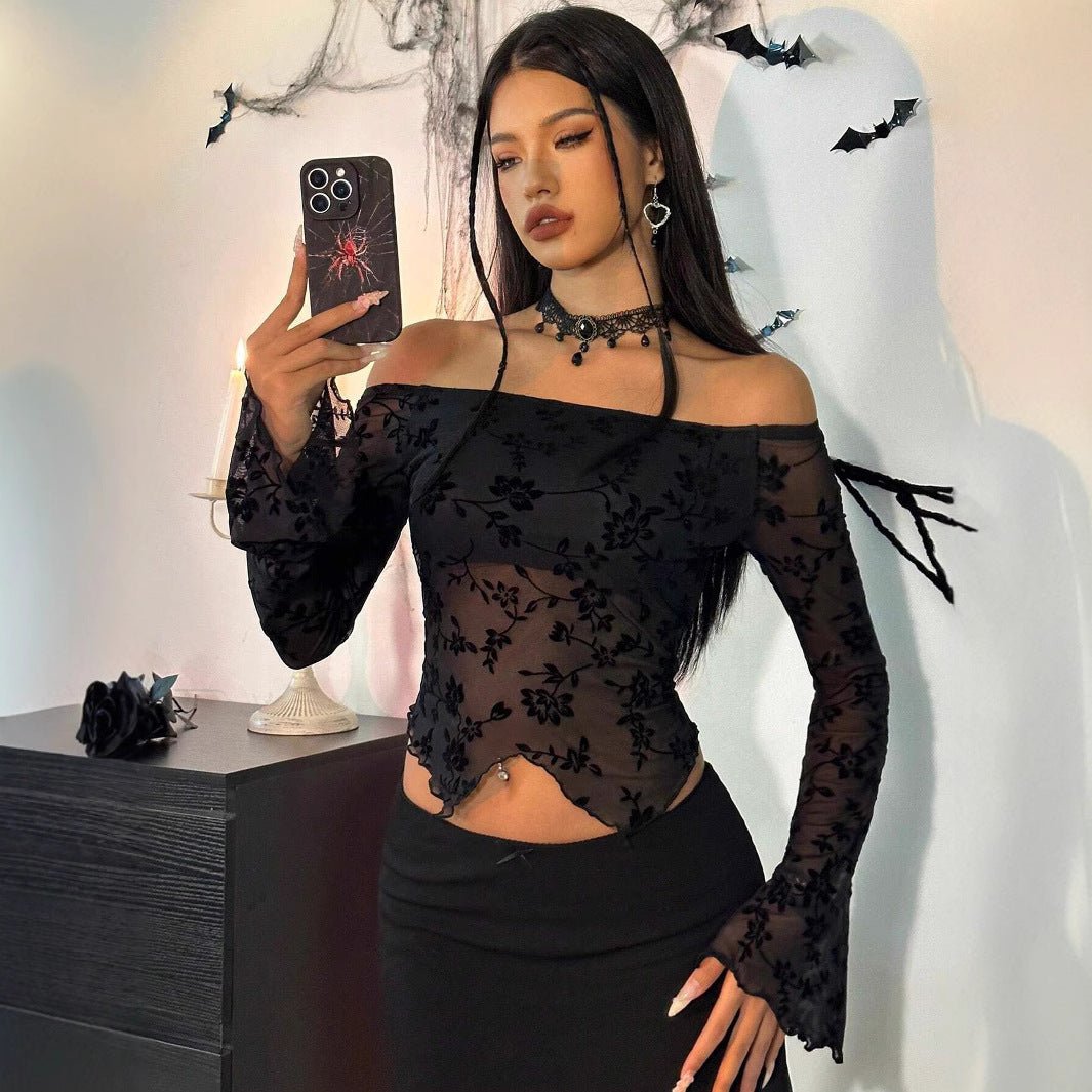 2025 spring new elegant women's black flower mesh off - the - shoulder horn sleeve T-shirt top women - Negative Apparel
