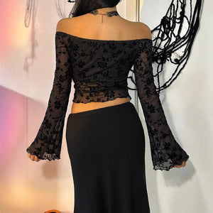 2025 spring new elegant women's black flower mesh off - the - shoulder horn sleeve T-shirt top women - Negative Apparel