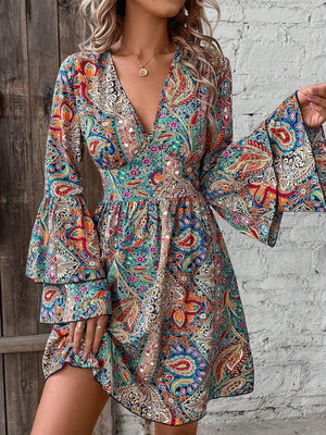 2025 spring new elegant women's floral print V - neck trumpet sleeve dress - Negative Apparel