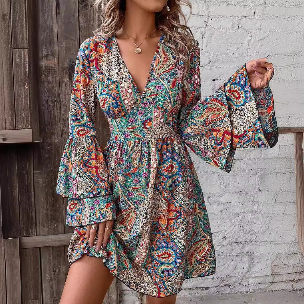 2025 spring new elegant women's floral print V - neck trumpet sleeve dress - Negative Apparel