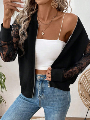 2025 spring new elegant women's lace stitching long - sleeved baseball collar jacket top coat - Negative Apparel