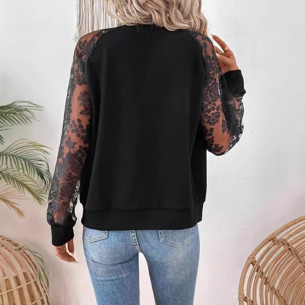2025 spring new elegant women's lace stitching long - sleeved baseball collar jacket top coat - Negative Apparel