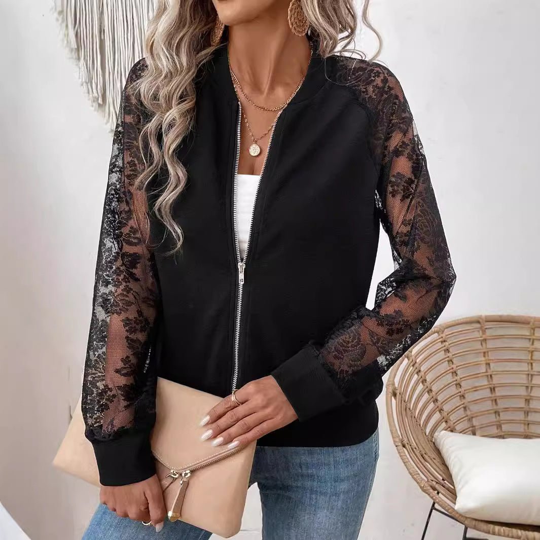 2025 spring new elegant women's lace stitching long - sleeved baseball collar jacket top coat - Negative Apparel