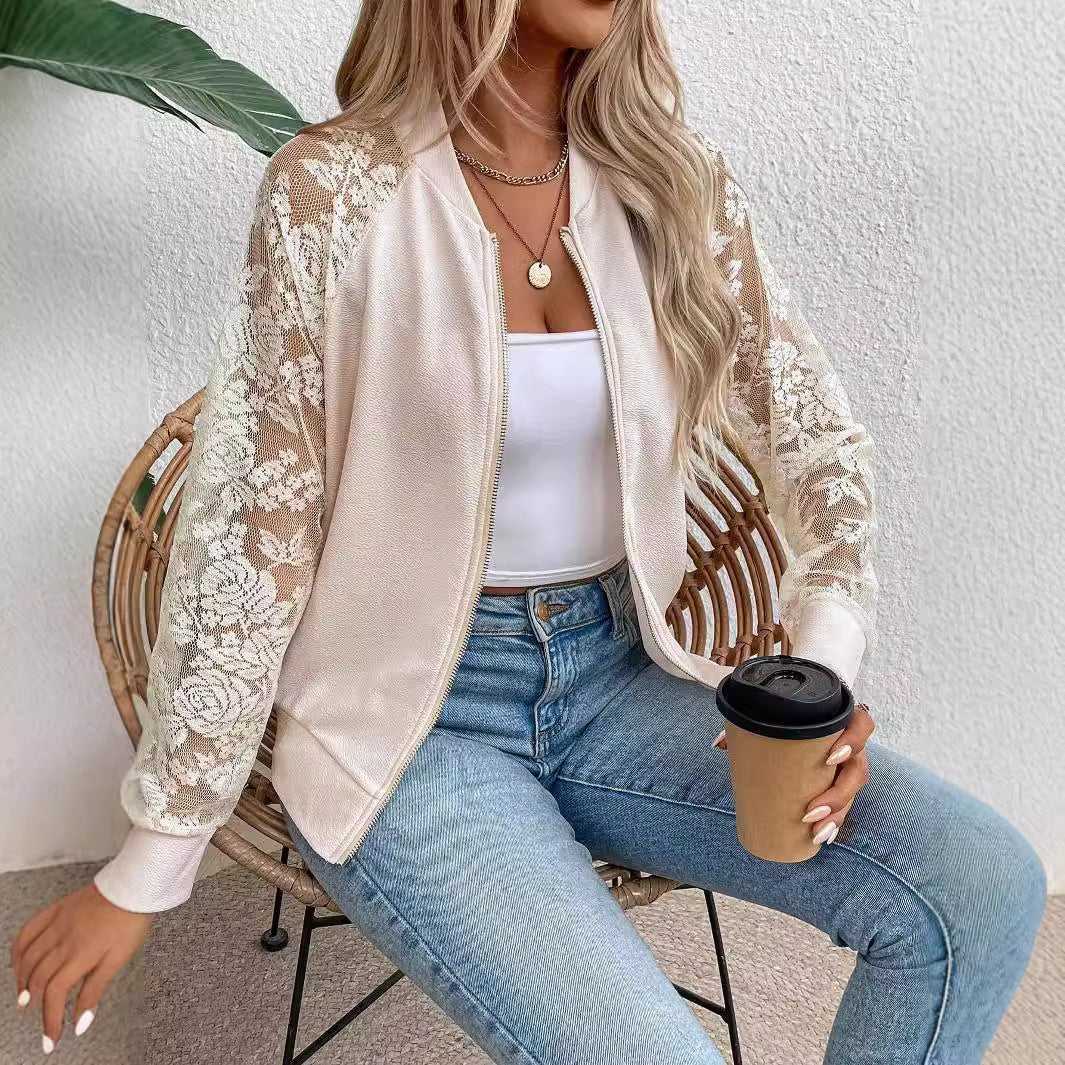 2025 spring new elegant women's lace stitching long - sleeved baseball collar jacket top coat - Negative Apparel