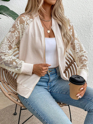 2025 spring new elegant women's lace stitching long - sleeved baseball collar jacket top coat - Negative Apparel