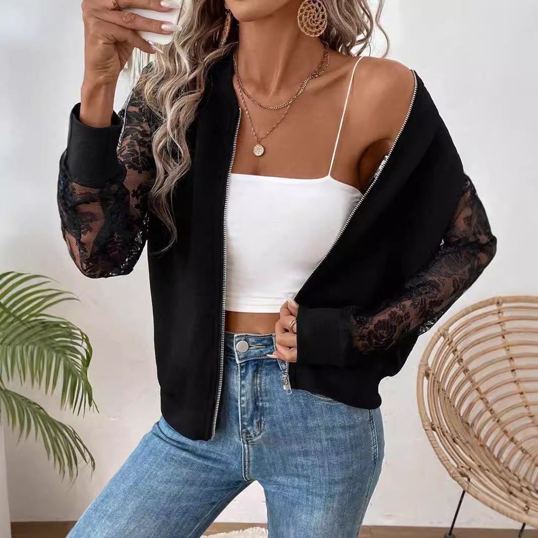 2025 spring new elegant women's lace stitching long - sleeved baseball collar jacket top coat - Negative Apparel