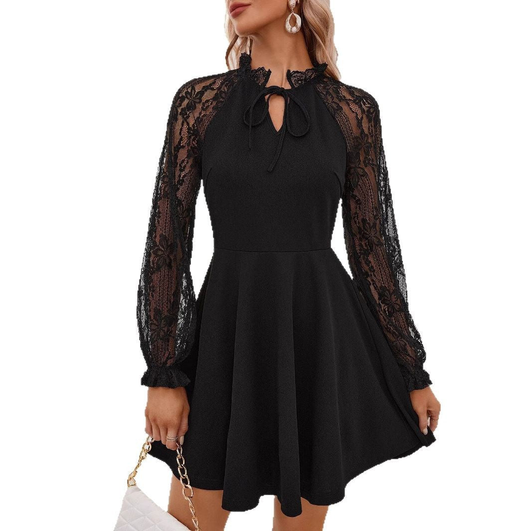 2025 spring new elegant women's solid color French contrasting color lace lace - up long - sleeved dress - Negative Apparel