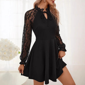 2025 spring new elegant women's solid color French contrasting color lace lace - up long - sleeved dress - Negative Apparel