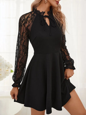 2025 spring new elegant women's solid color French contrasting color lace lace - up long - sleeved dress - Negative Apparel