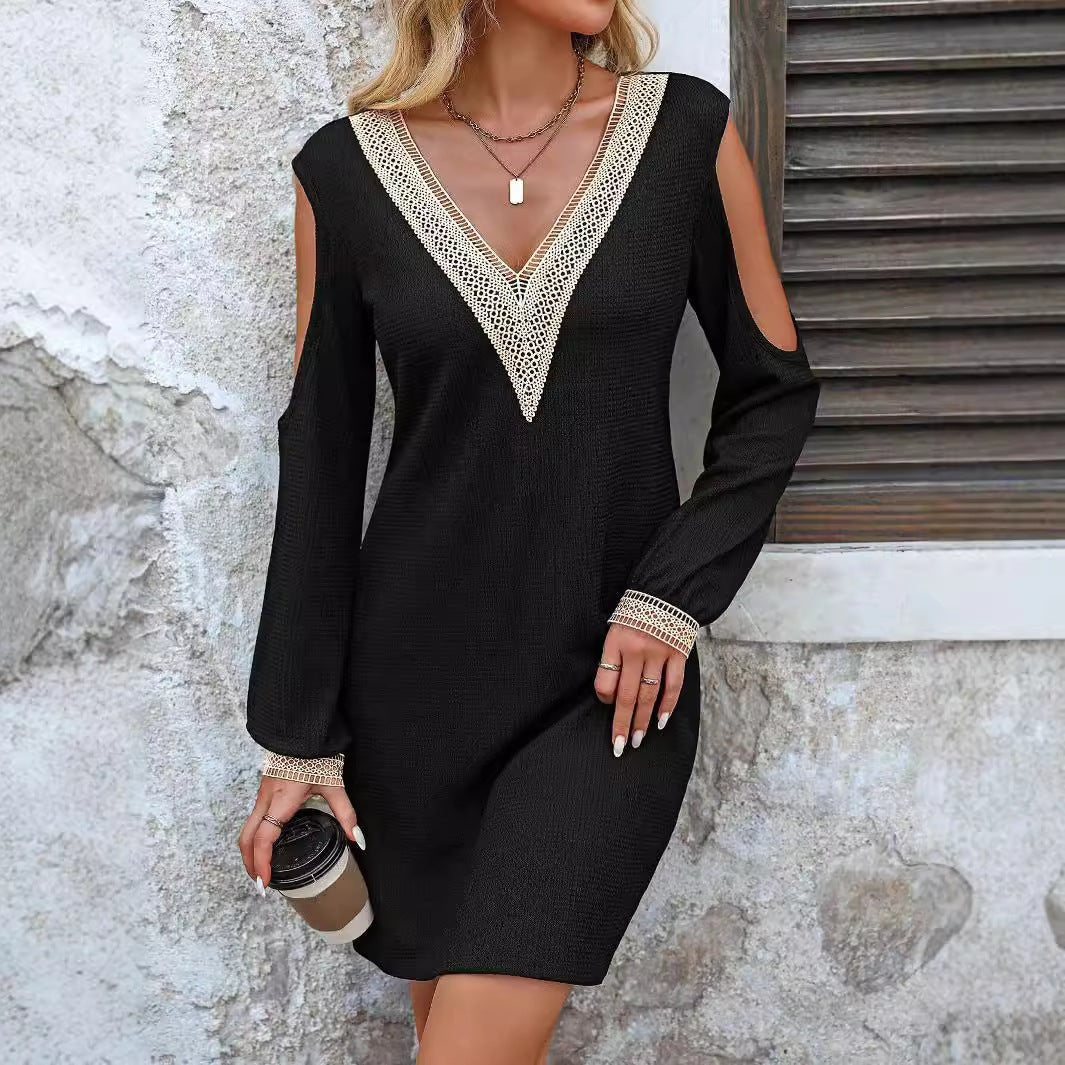 2025 spring new elegant women's solid color lace lace V - neck hollow long - sleeved dress - Negative Apparel