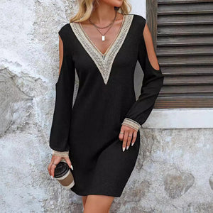 2025 spring new elegant women's solid color lace lace V - neck hollow long - sleeved dress - Negative Apparel