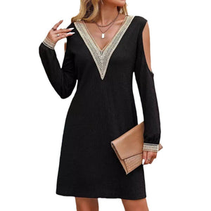 2025 spring new elegant women's solid color lace lace V - neck hollow long - sleeved dress - Negative Apparel